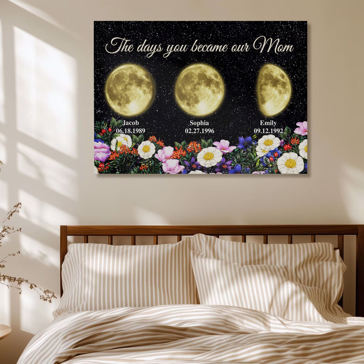 Personalized Birth Golden Moon Phase Canvas With Name - The Days You Became Our Mom Wall Art - Vintage Floral Garden Print  - Mother's Day Gift for Mom