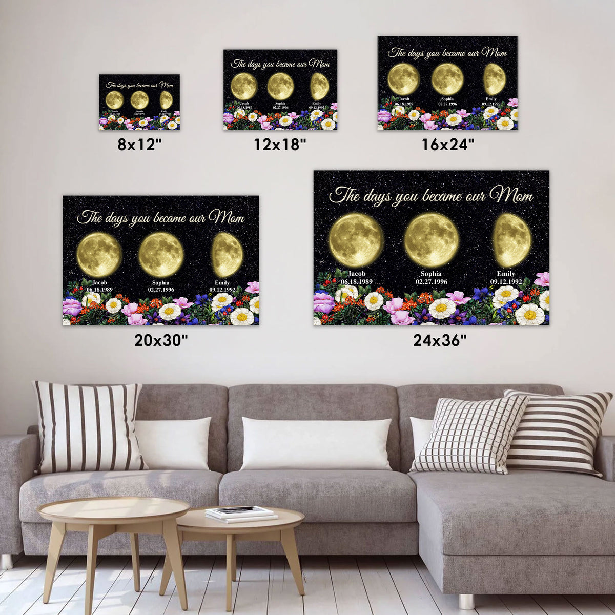 Personalized Birth Golden Moon Phase Canvas With Name - The Days You Became Our Mom Wall Art - Vintage Floral Garden Print  - Mother's Day Gift for Mom