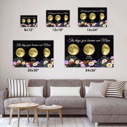 Custom Mom Birth Moon Phase Kids Names Yellow Moons Flowers Canvas - Personalized Wall Art