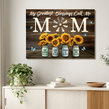 Custom Mom Sunflower Mason Jar with Kids Names Birth Dates Canvas - Personalized Wall Art
