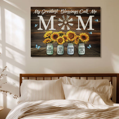 Custom Mom Sunflower Mason Jar with Kids Names Birth Dates Canvas - Personalized Wall Art
