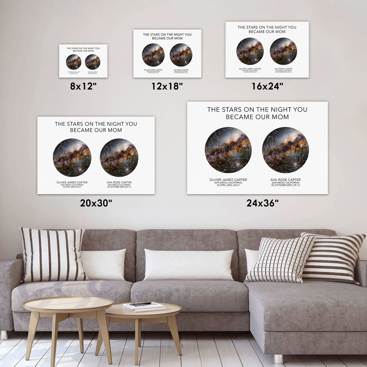 Custom Mom Star Map with Kids Names Date Location Canvas - Personalized Wall Art
