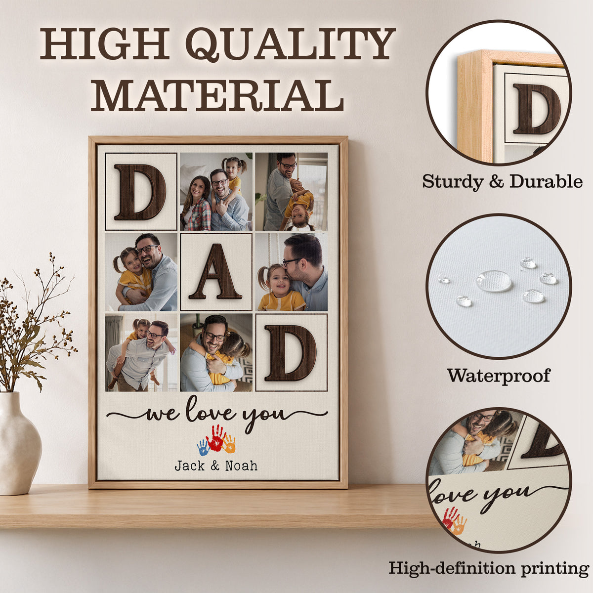 Custom Photo Dad Collage 6 Photos We Love You Handprint with Names Canvas - Personalized Wall Art