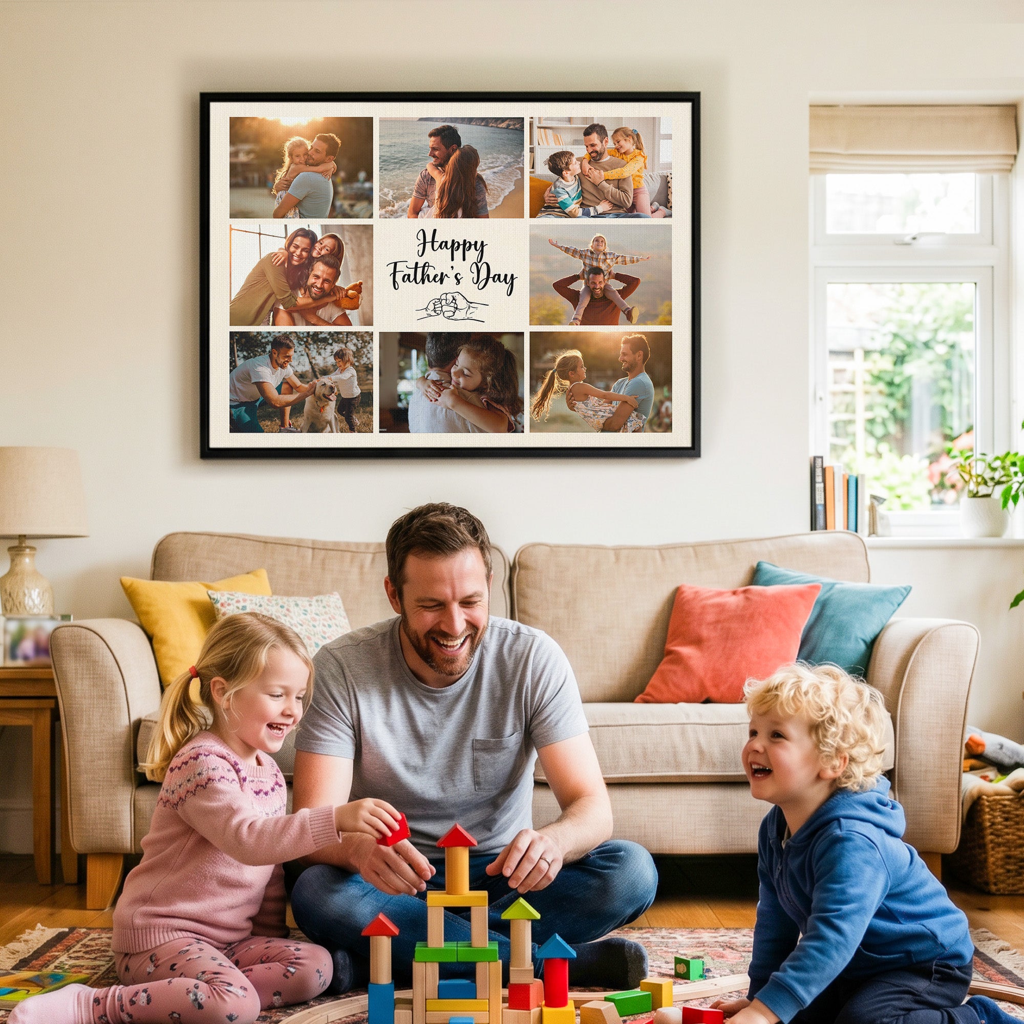 Happy Father's Day - Personalized Dad Photo Wall Art -  Custom Kid's Name Canvas - Father's Day Gift for Dad, Grandpa