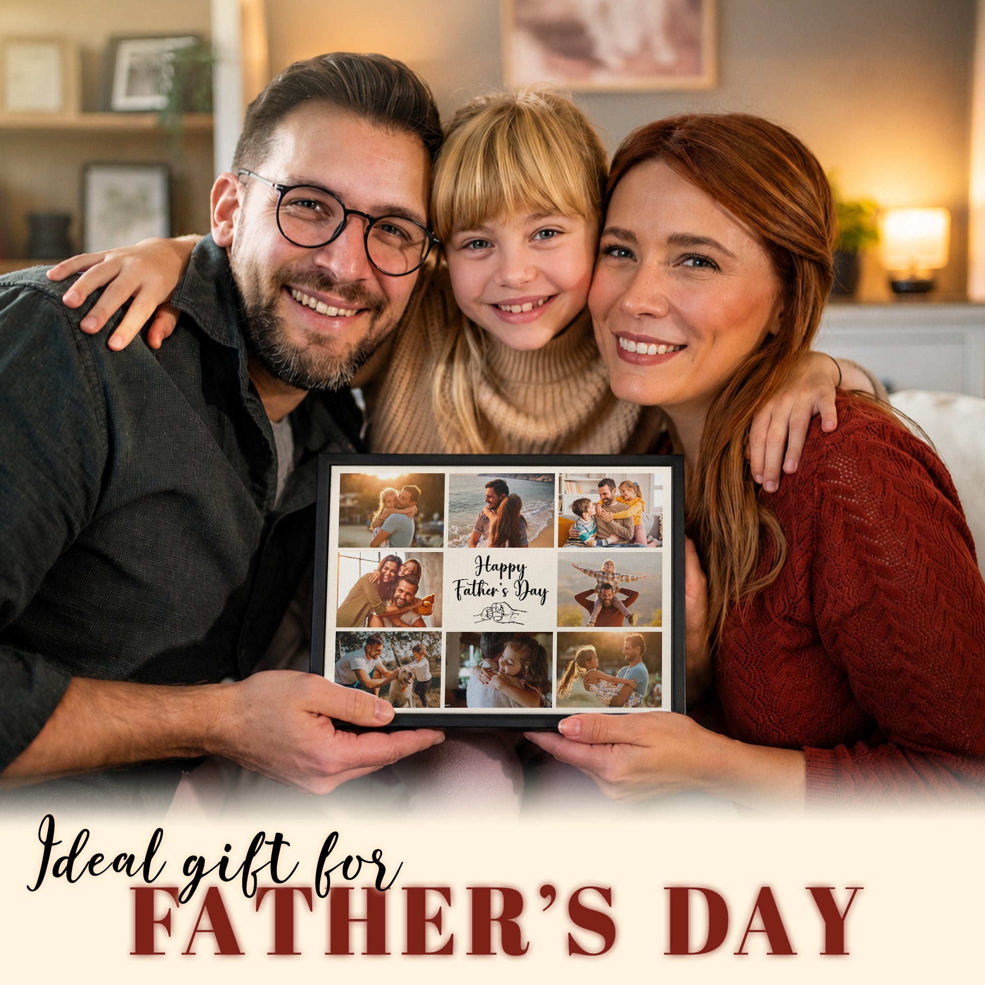 Happy Father's Day - Personalized Dad Photo Wall Art -  Custom Kid's Name Canvas - Father's Day Gift for Dad, Grandpa