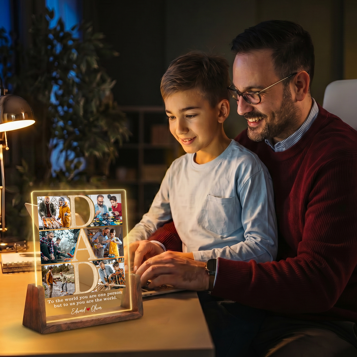 Custom Photo Night Light for Dad - Personalized Dad Photo Frame Night Light - Collage Picture Frame from Daughter, Son, Kids and Wife