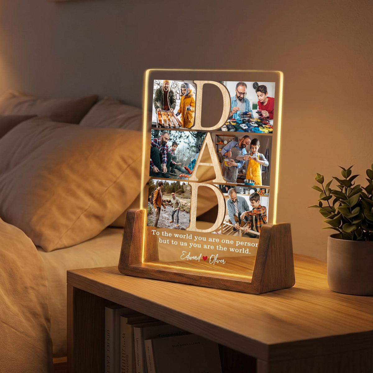 Custom Photo Night Light for Dad - Personalized Dad Photo Frame Night Light - Collage Picture Frame from Daughter, Son, Kids and Wife