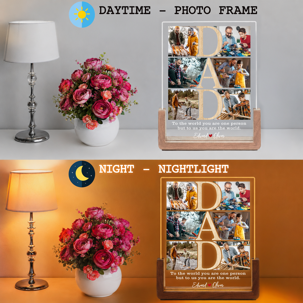 Custom Photo Night Light for Dad - Personalized Dad Photo Frame Night Light - Collage Picture Frame from Daughter, Son, Kids and Wife