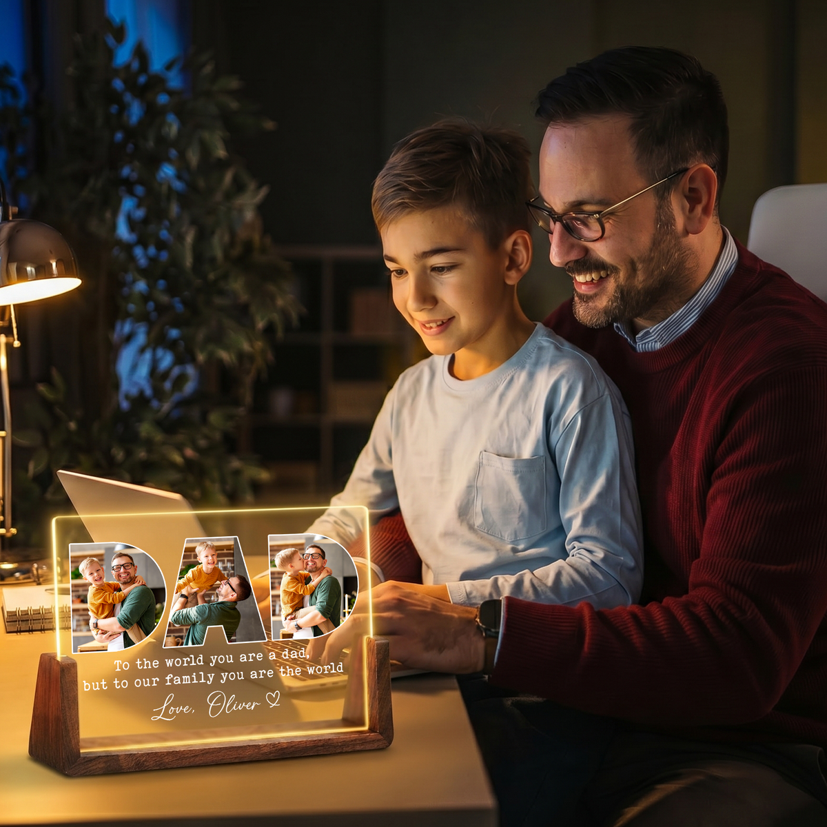 Personalized Photo Night Light for Dad - Customizable Collage Picture Frame from Kids, Daughter, Son and Wife - Led Acrylic Gift for Dad