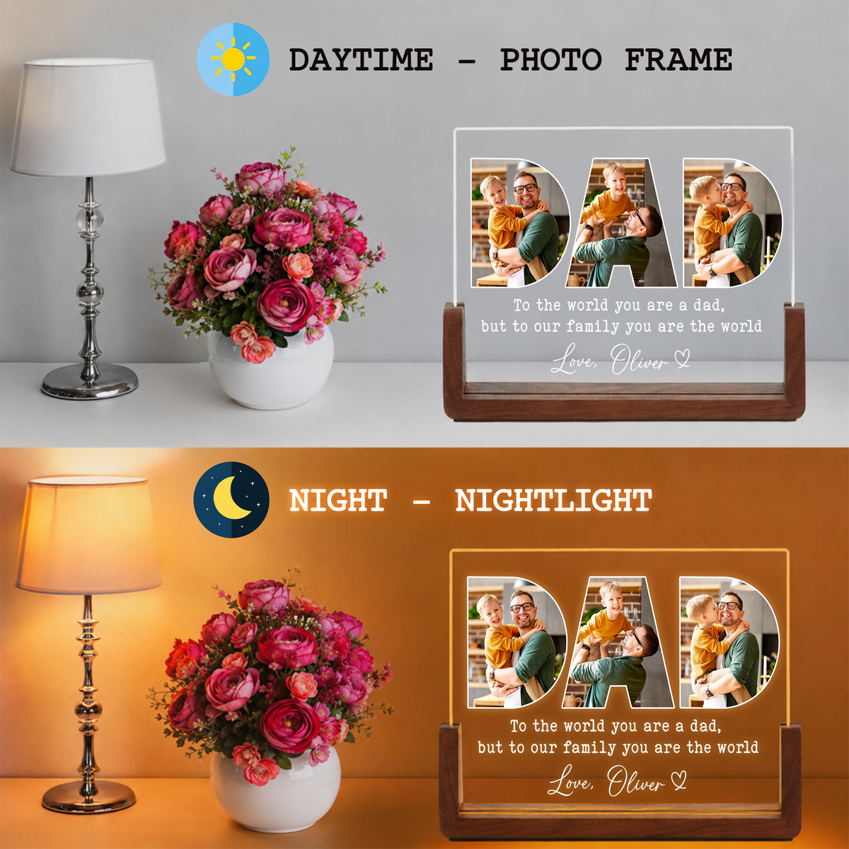 Personalized Photo Night Light for Dad - Customizable Collage Picture Frame from Kids, Daughter, Son and Wife - Led Acrylic Gift for Dad