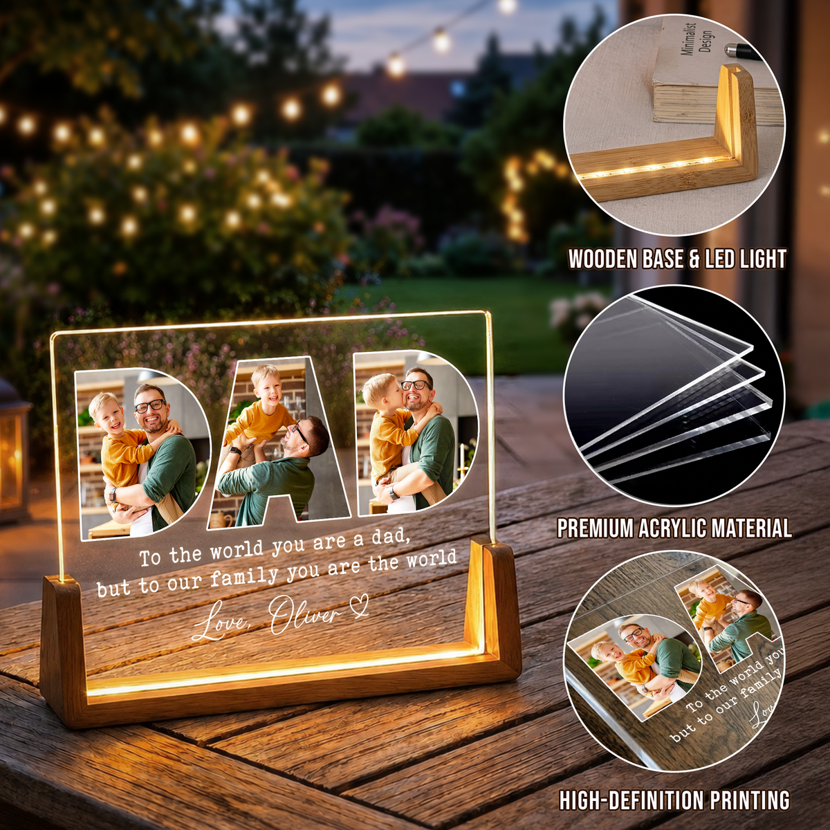 Personalized Photo Night Light for Dad - Customizable Collage Picture Frame from Kids, Daughter, Son and Wife - Led Acrylic Gift for Dad