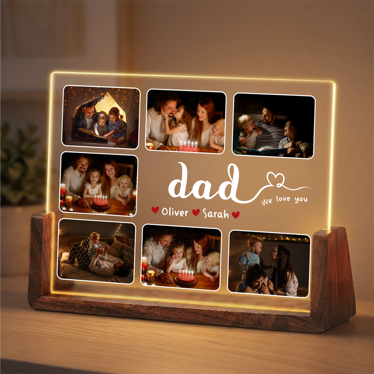 Custom Night Light with Picture for Dad - Personalized Dad Photo Frame Night Light - Customizable Collage Picture Frame from Kids and Wife