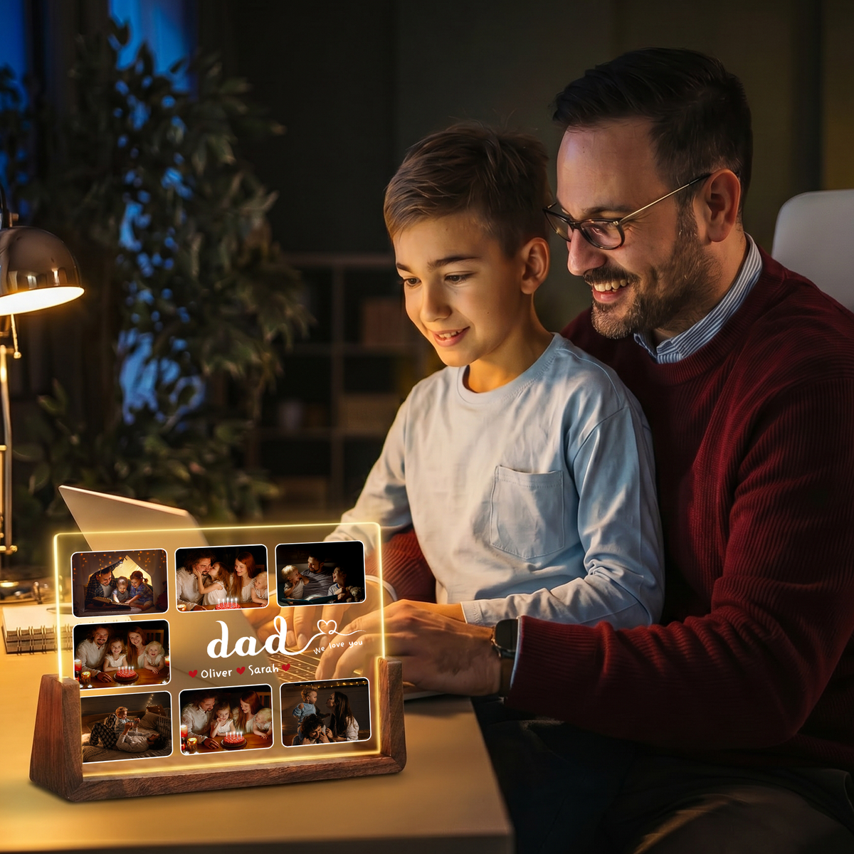 Custom Night Light with Picture for Dad - Personalized Dad Photo Frame Night Light - Customizable Collage Picture Frame from Kids and Wife