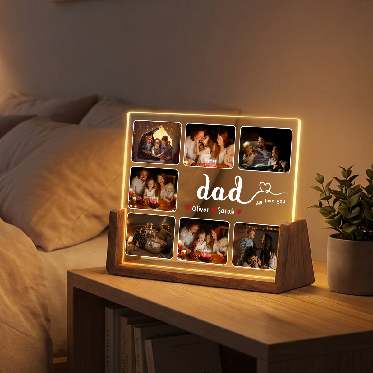 Custom Night Light with Picture for Dad - Personalized Dad Photo Frame Night Light - Customizable Collage Picture Frame from Kids and Wife