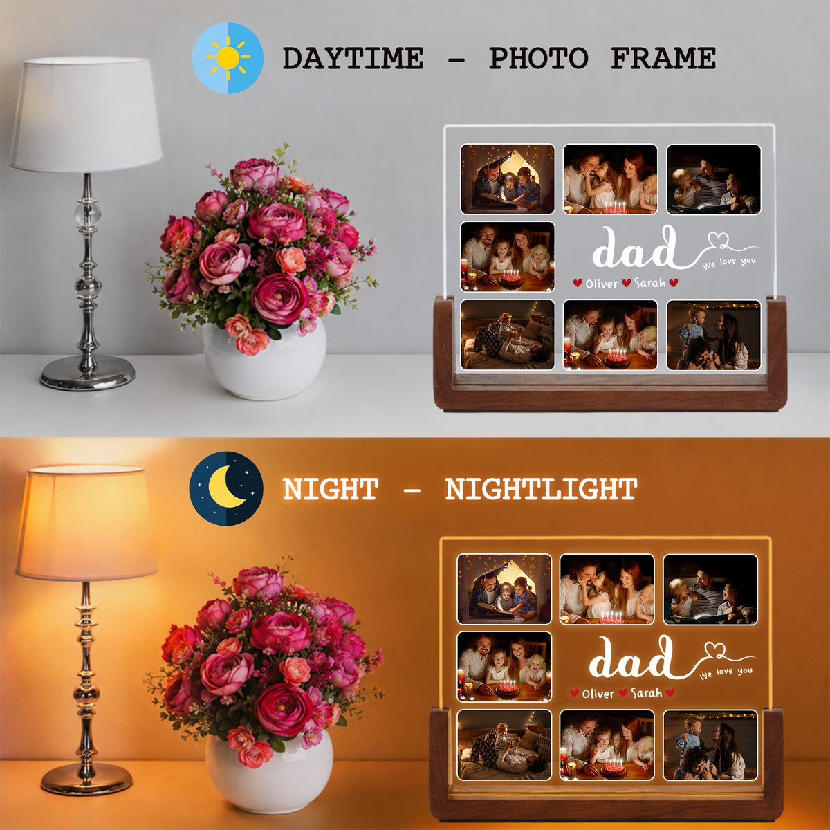 Custom Night Light with Picture for Dad - Personalized Dad Photo Frame Night Light - Customizable Collage Picture Frame from Kids and Wife