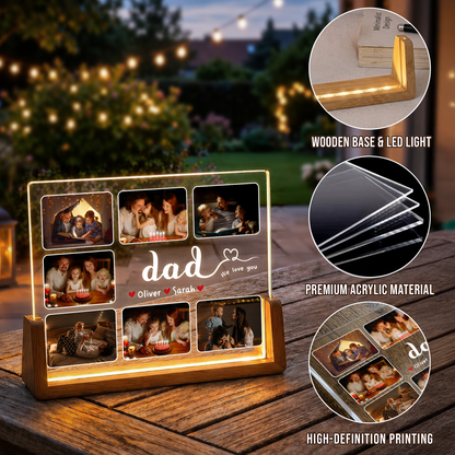 Custom Night Light with Picture for Dad - Personalized Dad Photo Frame Night Light - Customizable Collage Picture Frame from Kids and Wife