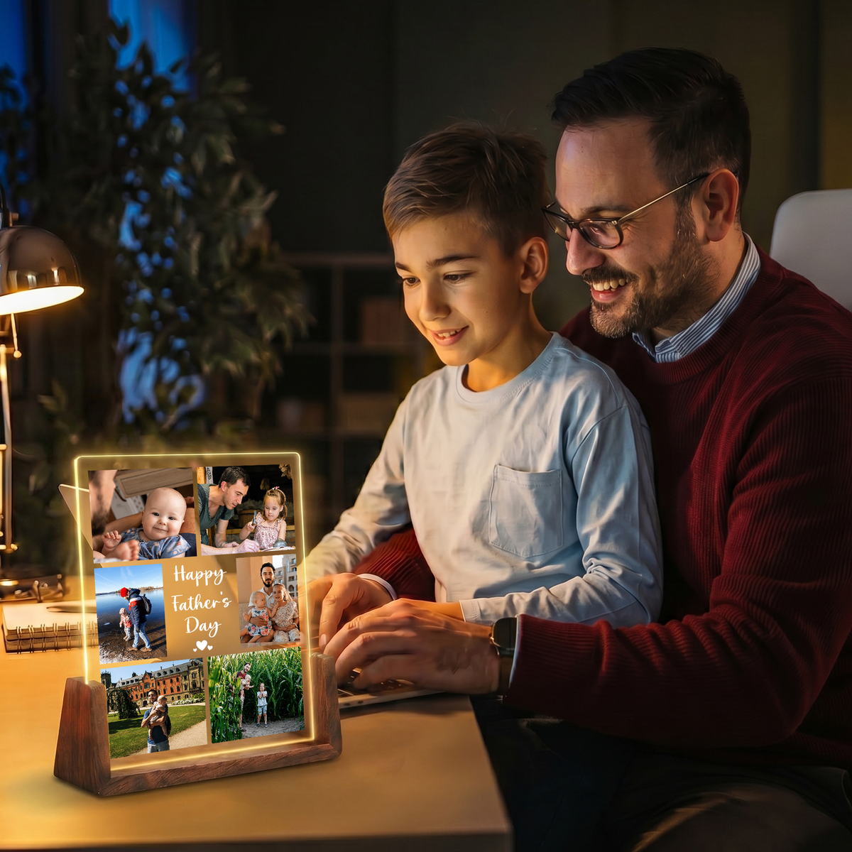 Personalized Picture Night Light for Dad - Led Acrylic Photo Frame Night Light - Customizable Collage Picture Frame from Daughter, Son and Wife