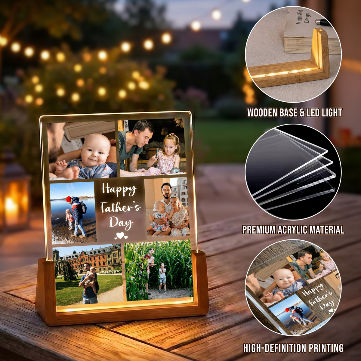 Personalized Picture Night Light for Dad - Led Acrylic Photo Frame Night Light - Customizable Collage Picture Frame from Daughter, Son and Wife