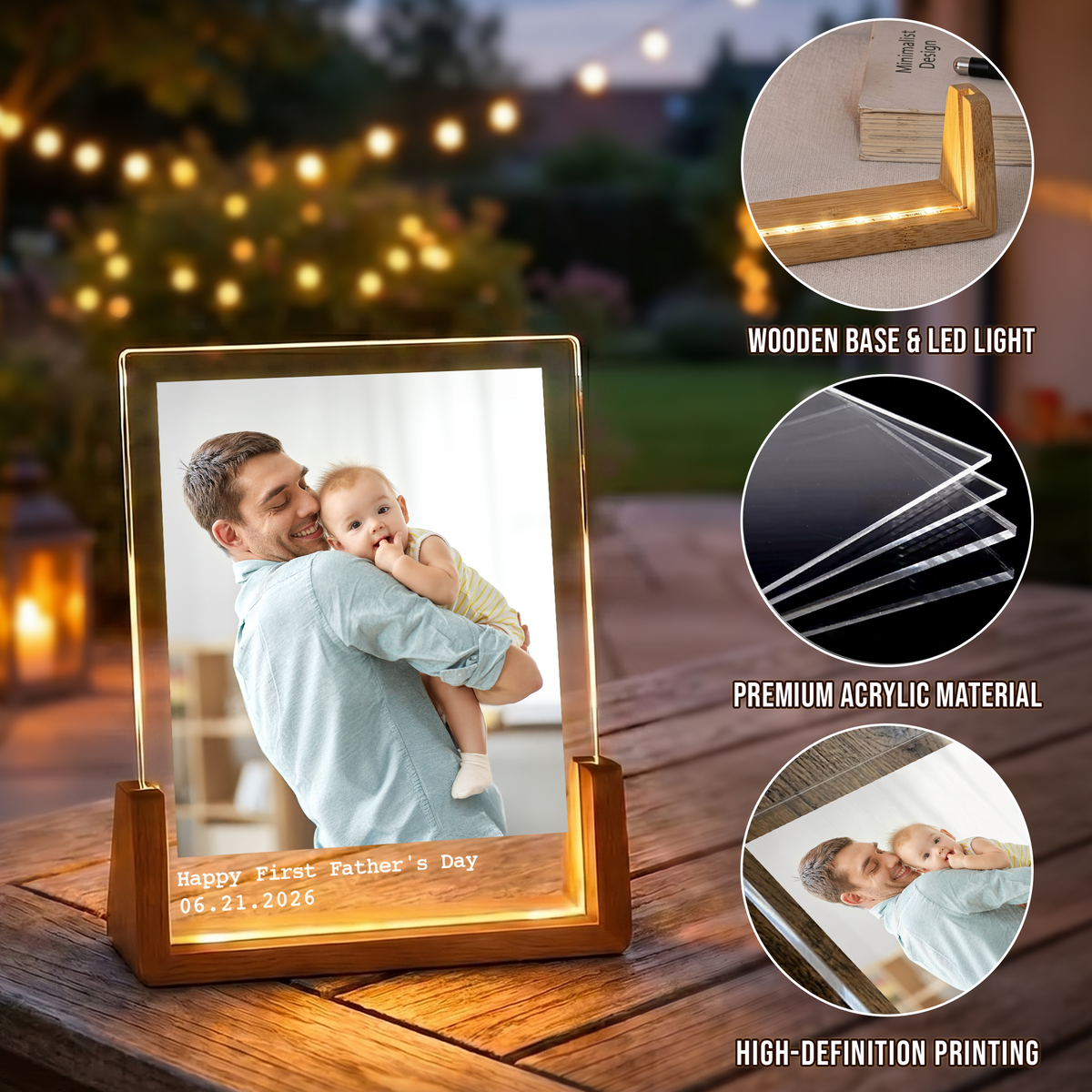 Custom Acrylic Photo Light for Dad - Personalized Dad Photo Frame Night Light - Led Acrylic Gift from Kids, Daughter, Son and Wife