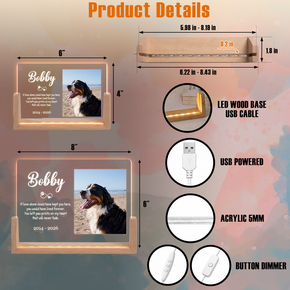 Custom Photo Night Light for Dog Lovers - Personalized Dog Memorial Photo Frame - Remembrance Pet Memory Gifts for Pet Lovers