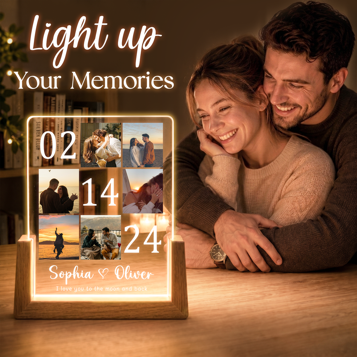 Custom Night Light Photo Frame for Couples - Customizable Picture Frame with Couple Photos - Personalized Gift for Boyfriend Girlfriend