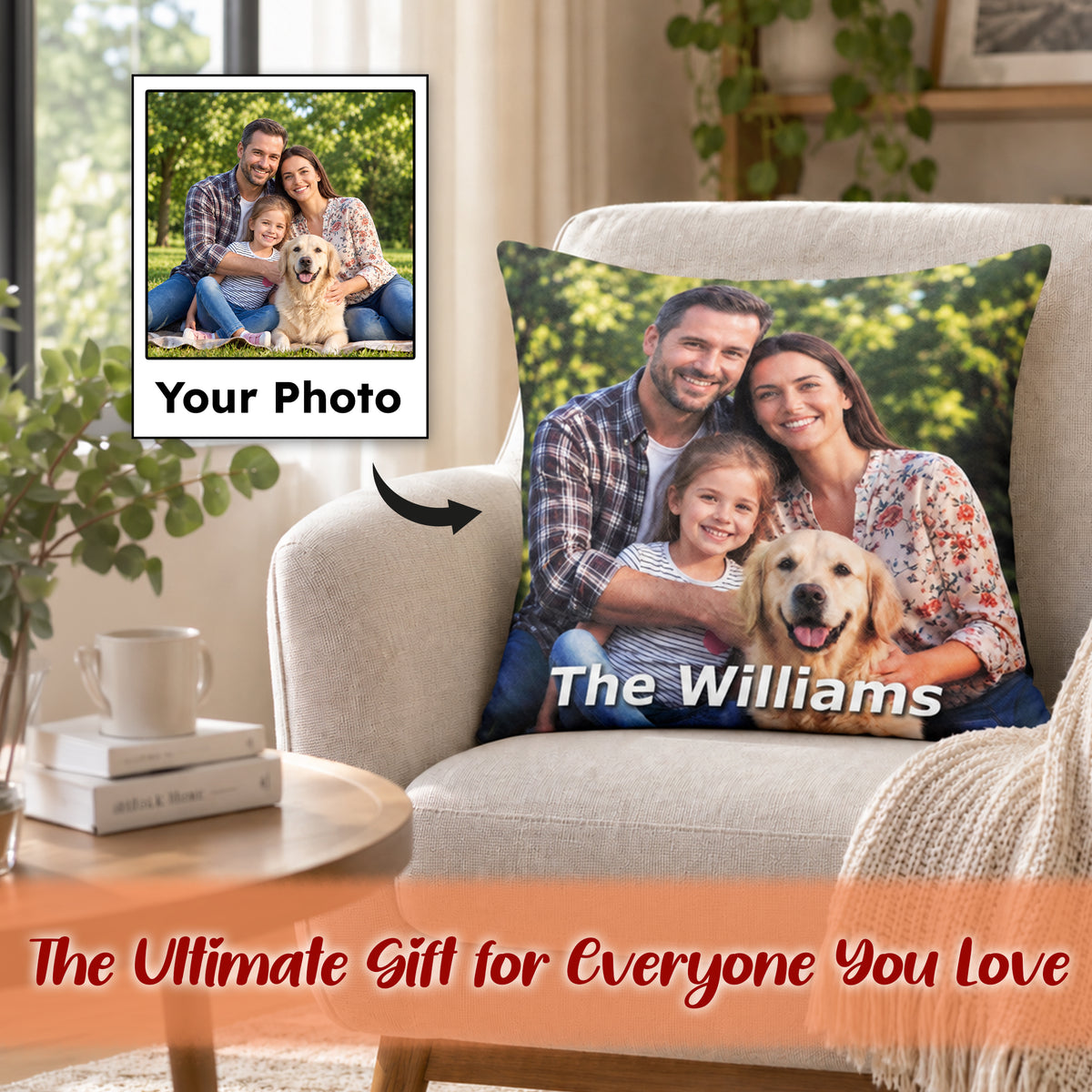 Custom Family Pillow with Picture - Personalized Photo Pillow with Names for Family, Double-Sided Print, Insert Included