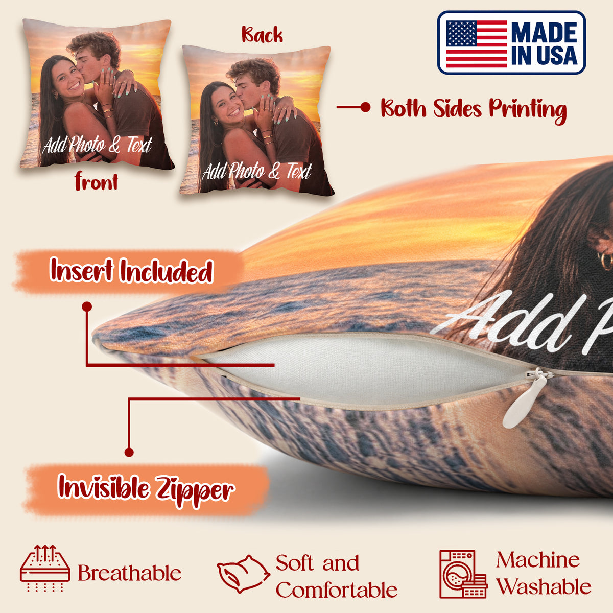 Custom Family Pillow with Picture - Personalized Photo Pillow with Names for Family, Double-Sided Print, Insert Included