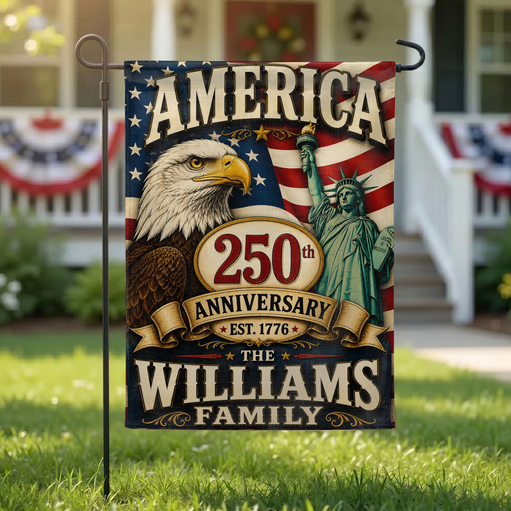 Custom Family Name with Patriotic Eagle Flag - USA 250th Anniversary Garden Flag - 4th of July Decor