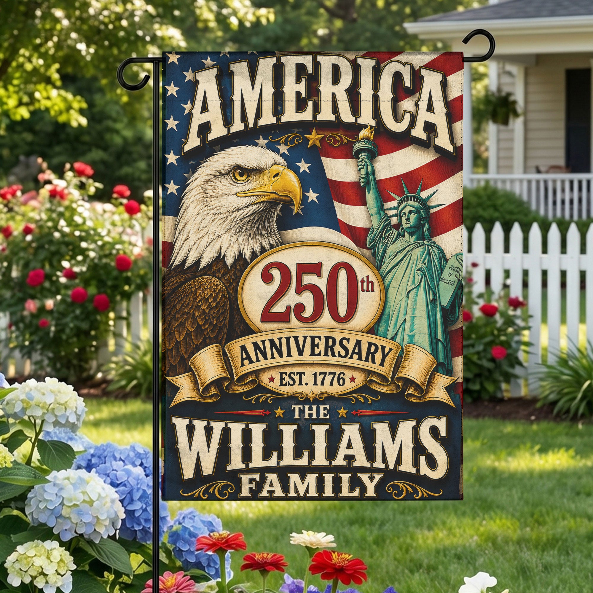 Custom Family Name with Patriotic Eagle Flag - USA 250th Anniversary Garden Flag - 4th of July Decor