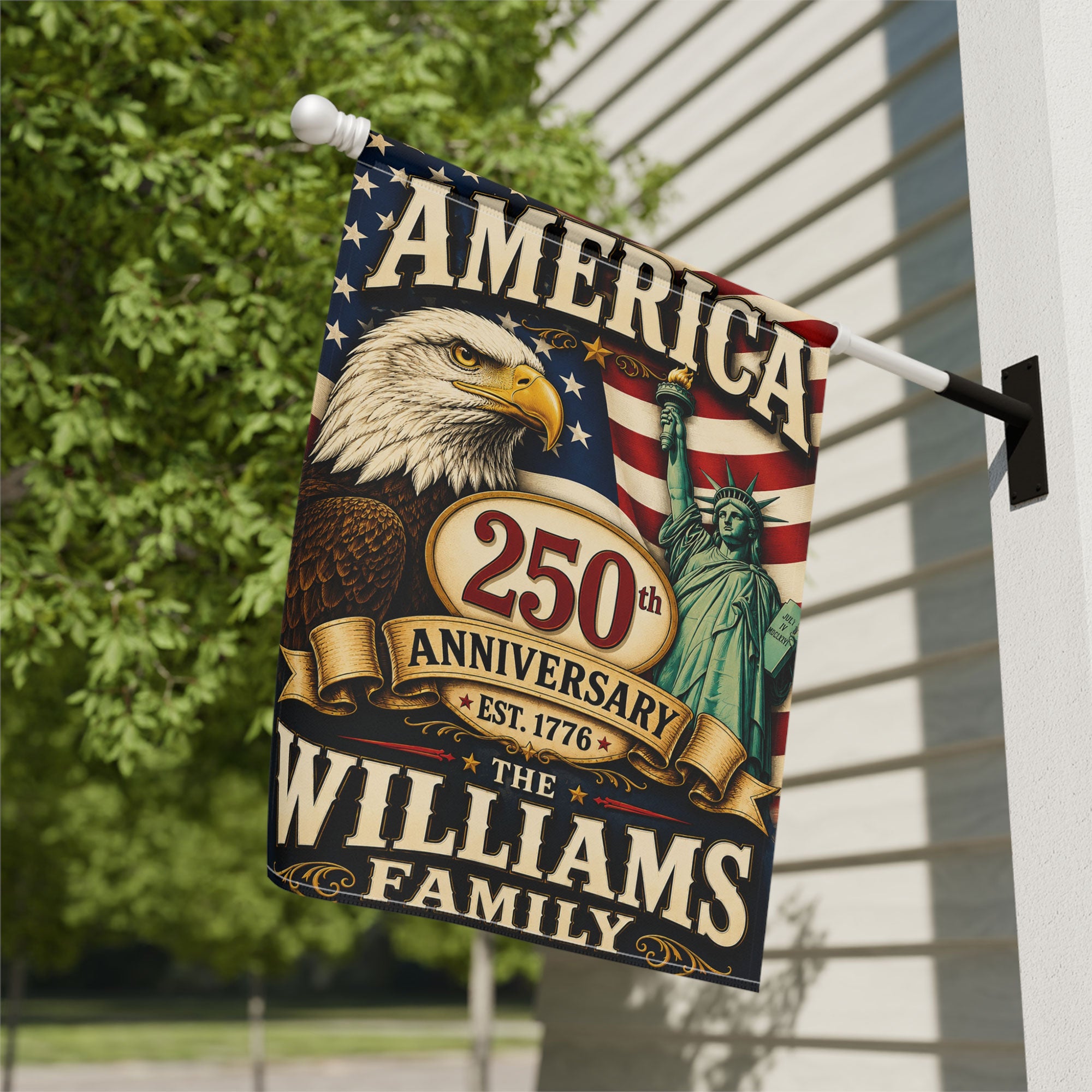Custom Family Name with Patriotic Eagle Flag - USA 250th Anniversary Garden Flag - 4th of July Decor