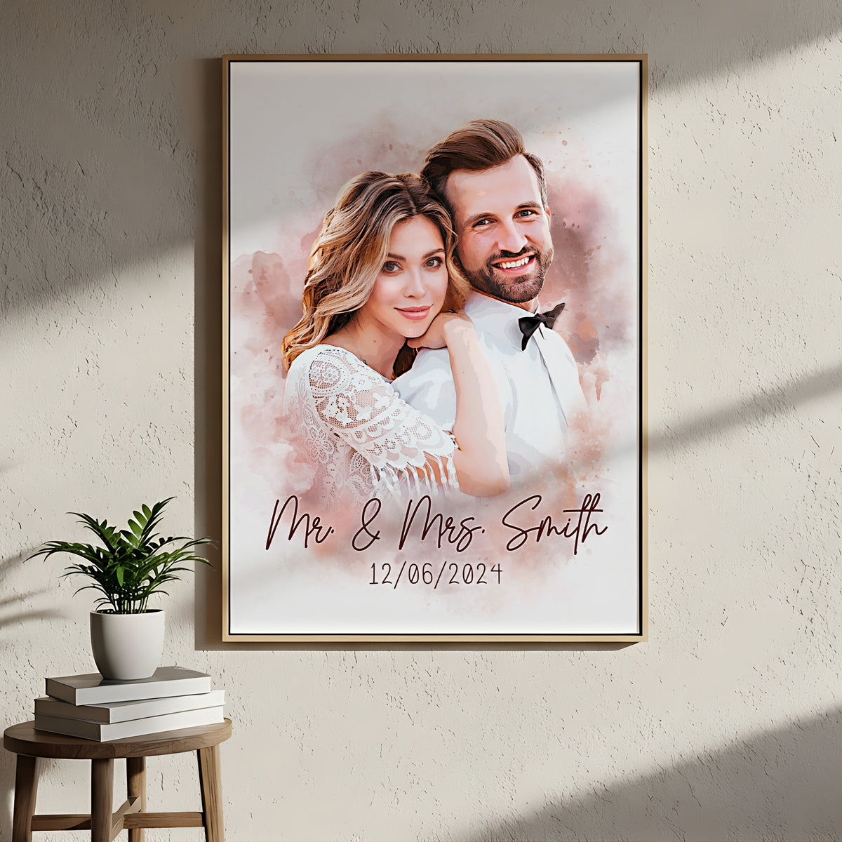 Personalized Watercolor Couple Portrait Canvas - Custom “Mr & Mrs” Wedding Portrait with Date - Meaningful Anniversary Gift