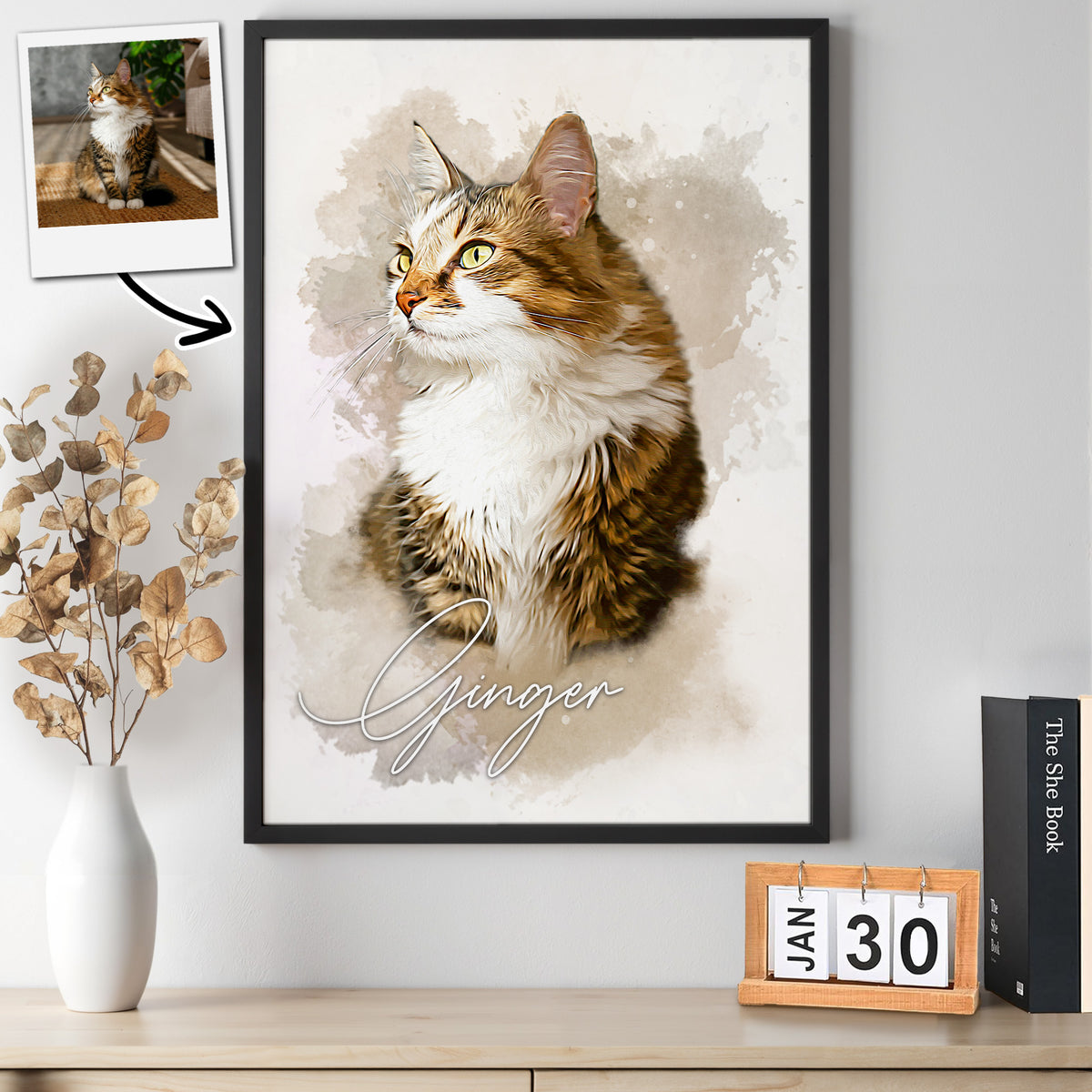 Custom Watercolor Cat Portrait from Photo with Name Canvas - Personalized Wall Art