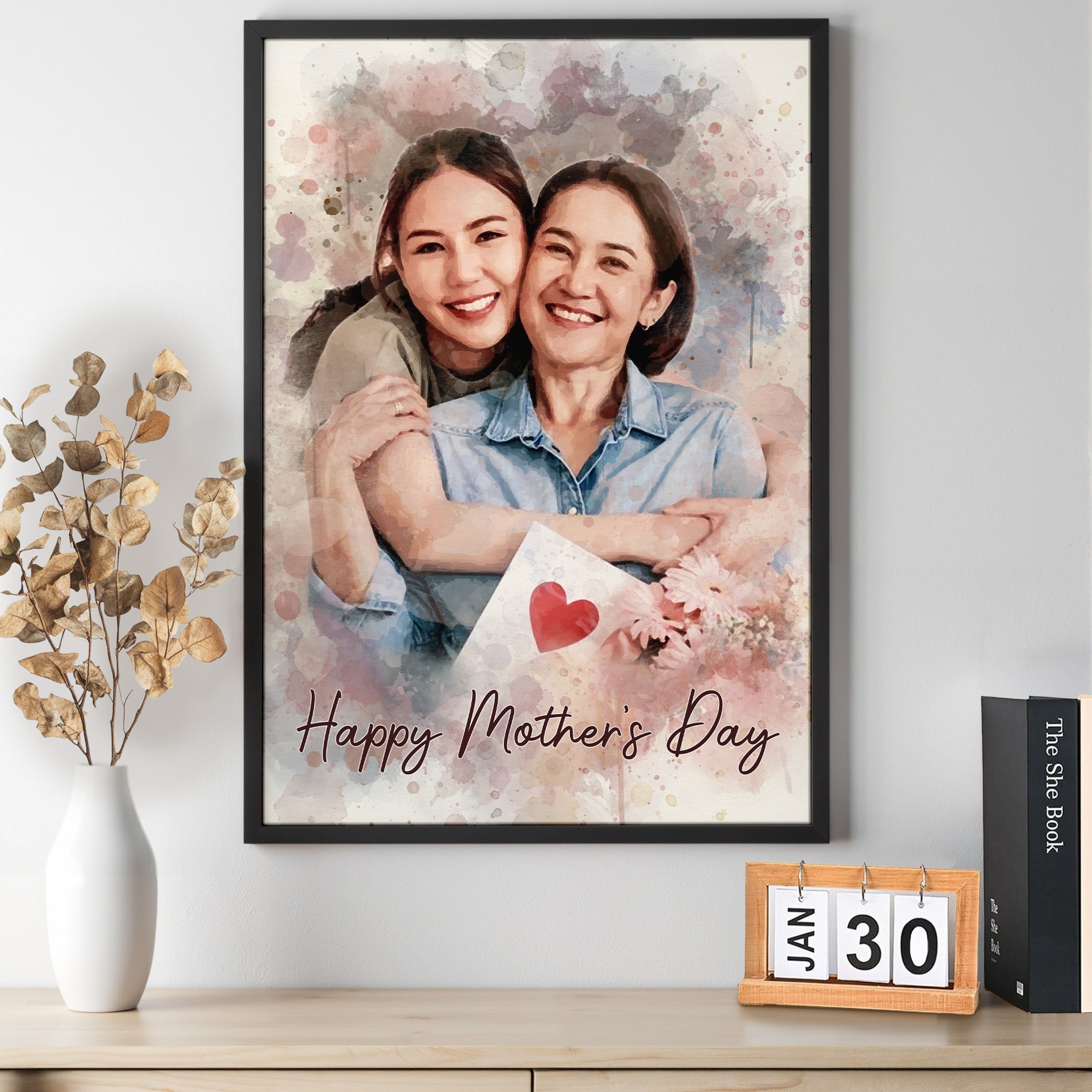 Custom Watercolor Mother Portrait Canvas from Photo – Personalized Gift for Mom or Grandma