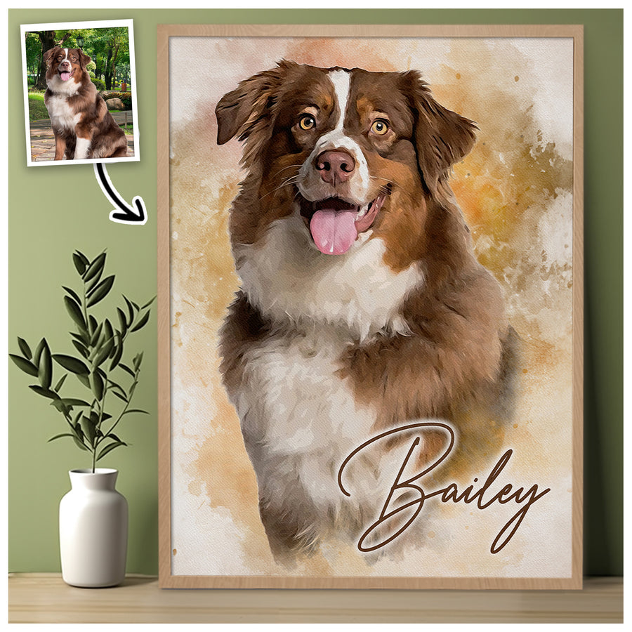 Custom Watercolor Dog Portrait from Photo with Name Canvas - Personalized Wall Art