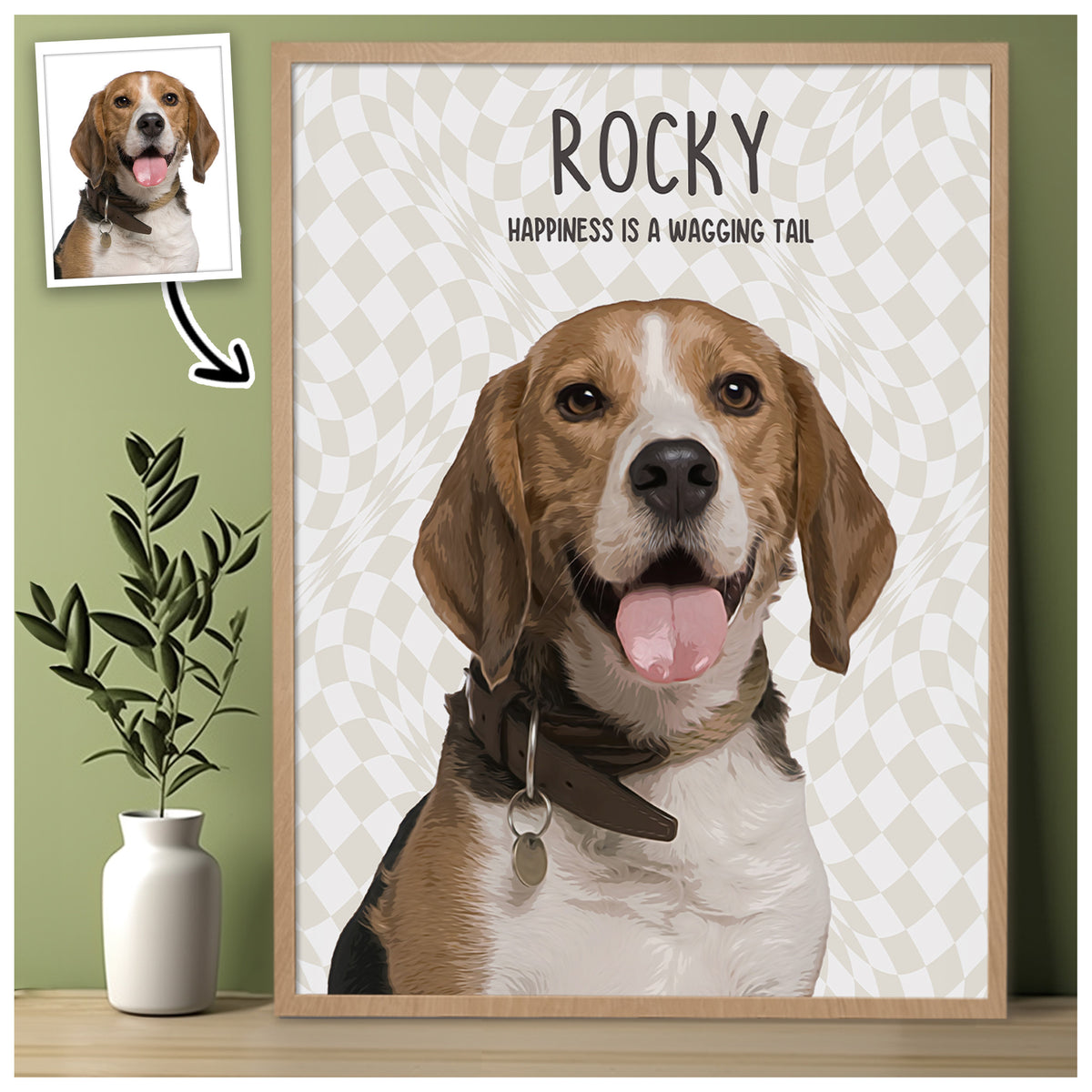 Custom Dog Portrait from Photo with Name & Happiness Is a Wagging Tail Canvas - Personalized Wall Art