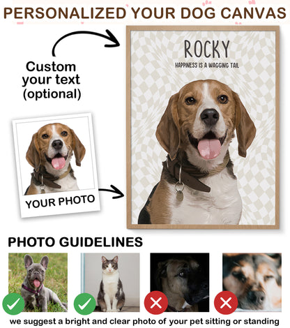 Custom Dog Portrait from Photo with Name & Happiness Is a Wagging Tail Canvas - Personalized Wall Art