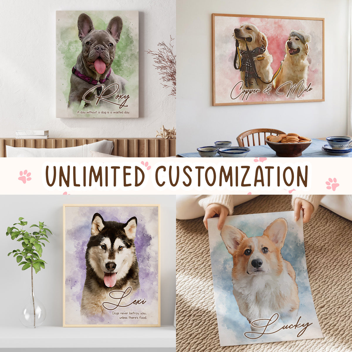 Custom Watercolor Dog Portrait from Photo with Name Canvas - Personalized Wall Art