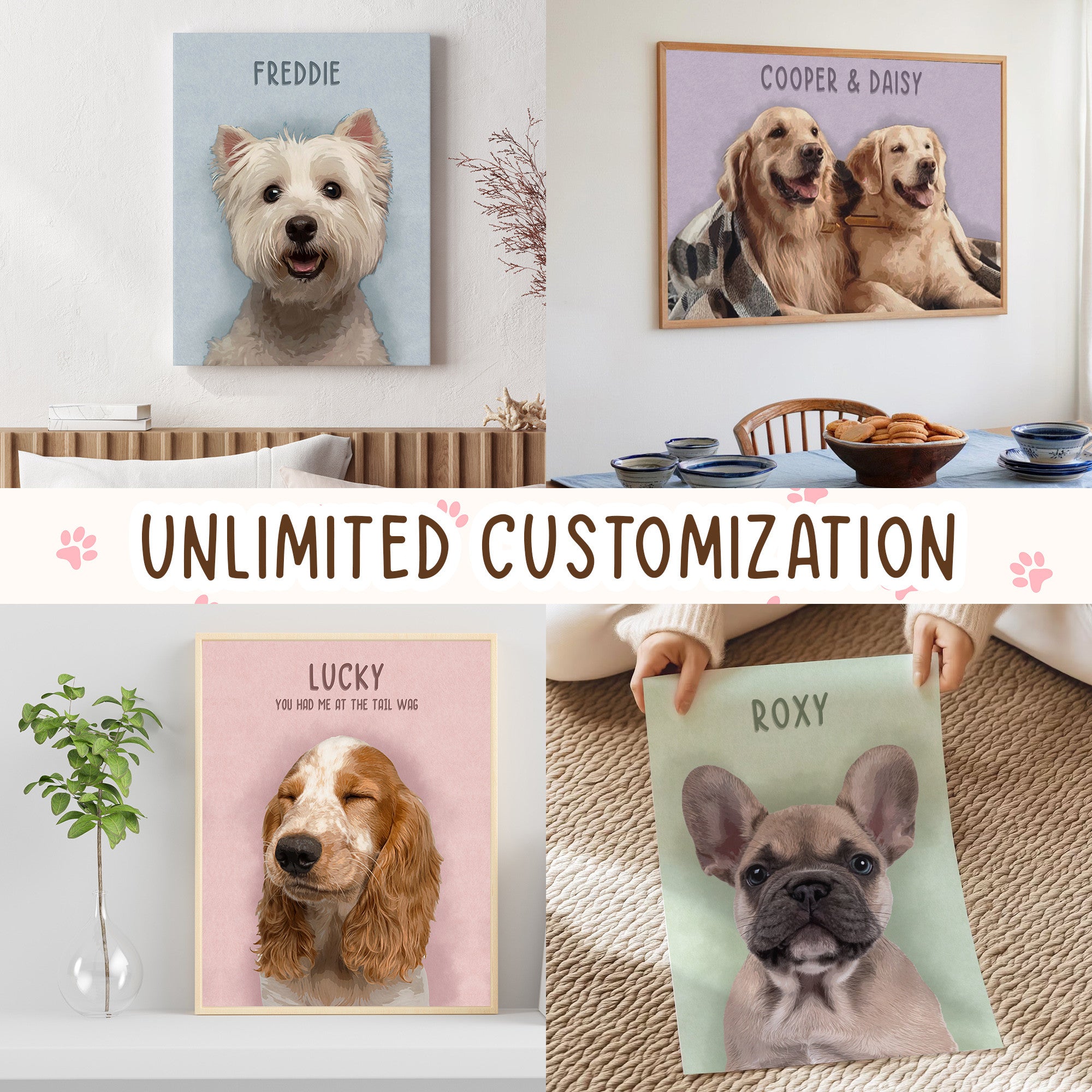 Custom Dog Watercolor Portrait Canvas, Personalized Pet Memorial Gift for Dog Lovers