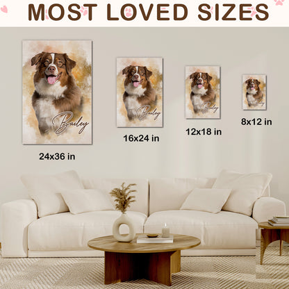 Custom Watercolor Dog Portrait from Photo with Name Canvas - Personalized Wall Art