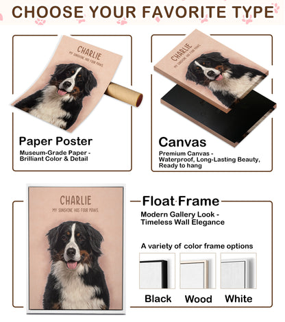 Custom Dog Portrait from Photo with Name & My Sunshine Has Four Paws Canvas - Personalized Wall Art