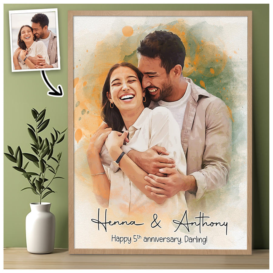 Custom Photo Watercolor Couple Portrait Names & Anniversary Note - Personalized Wrapped Canvas