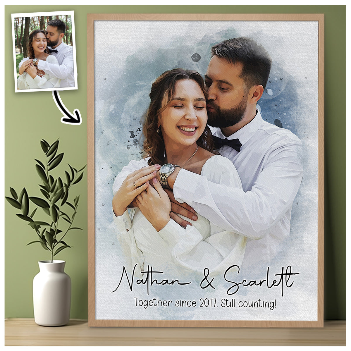 Custom Photo Watercolor Couple Portrait Together Since [Year] - Personalized Wrapped Canvas