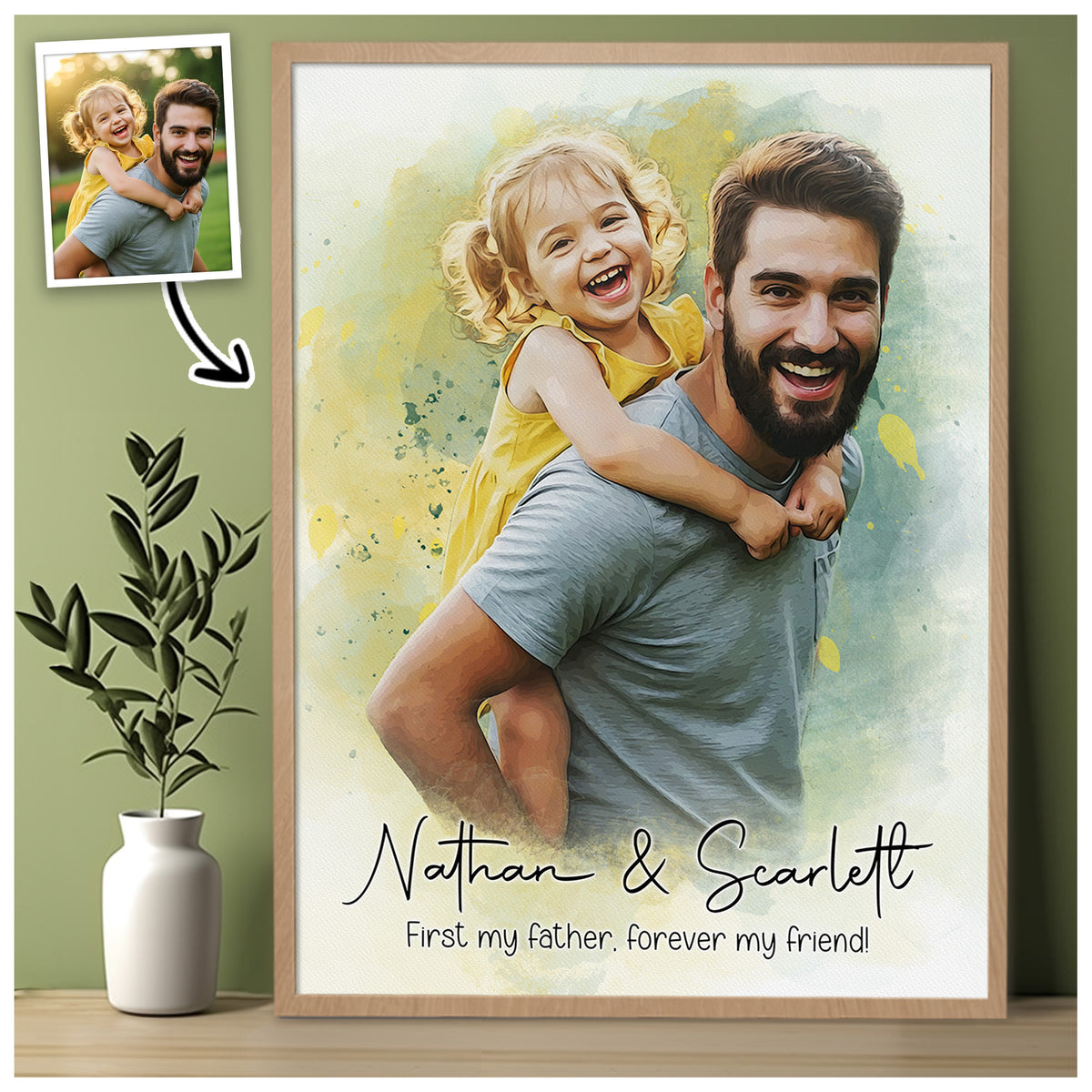 Custom Photo Watercolor Father and Daughter Forever My Friend Canvas - Personalized Wall Art