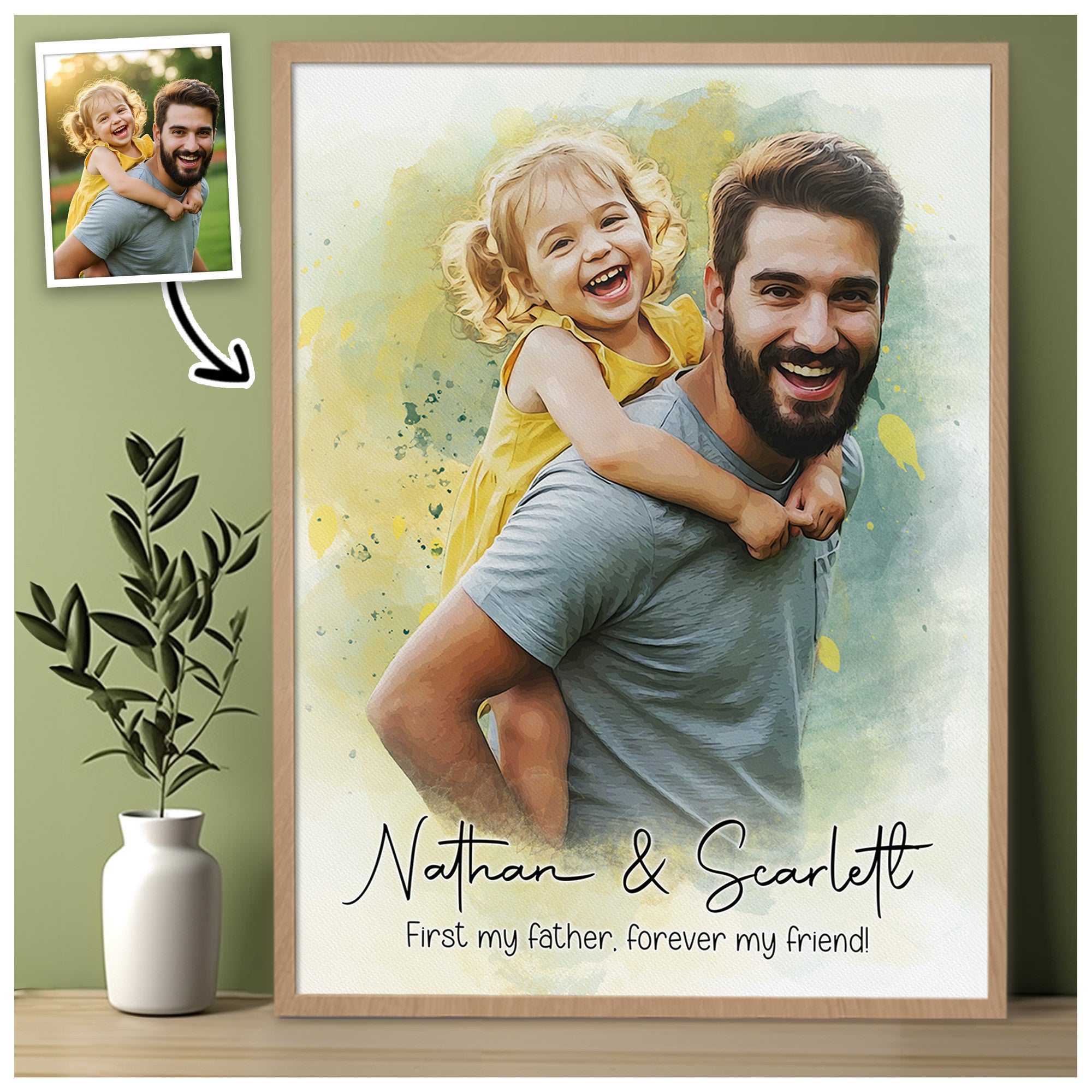 Custom Dad Portrait Canvas from Photo – Watercolor Father’s Day Wall Art Gift