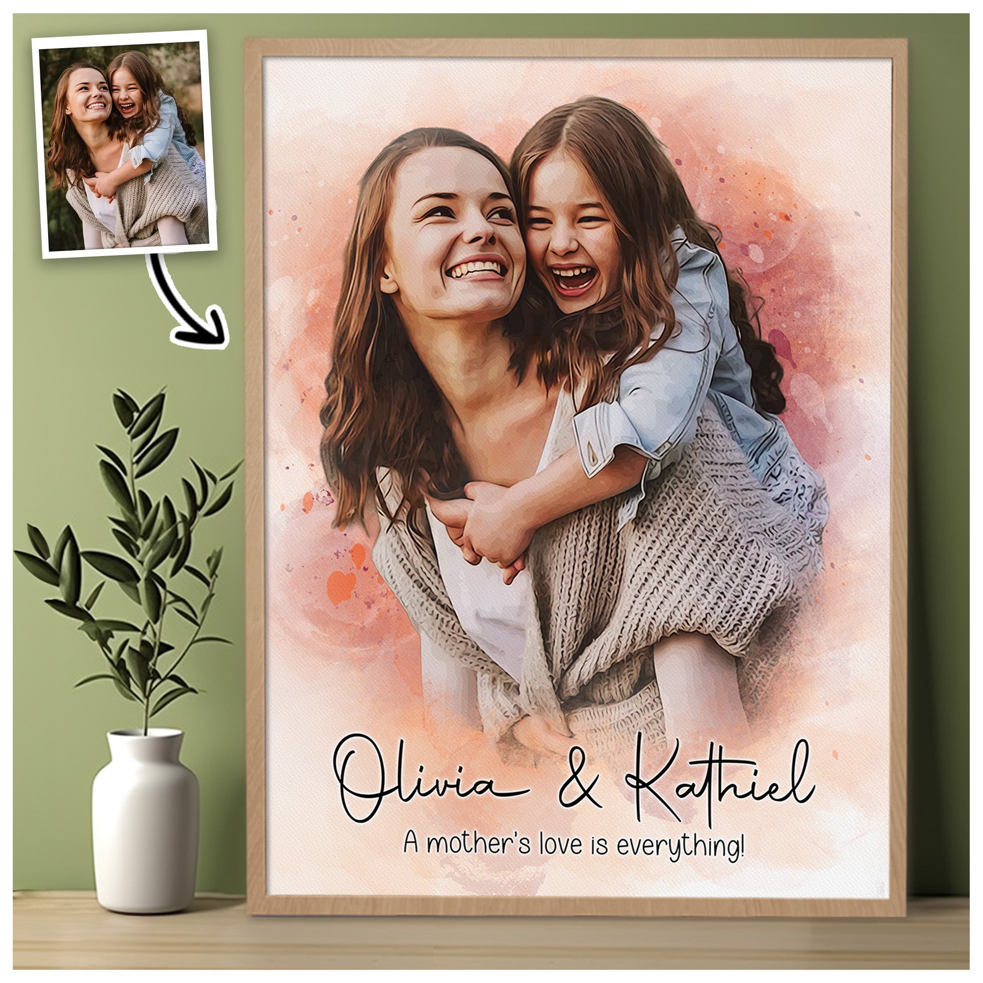 Personalized Watercolor Mom Portrait Canvas from Photo - Custom Mother’s Day Wall Art Gift