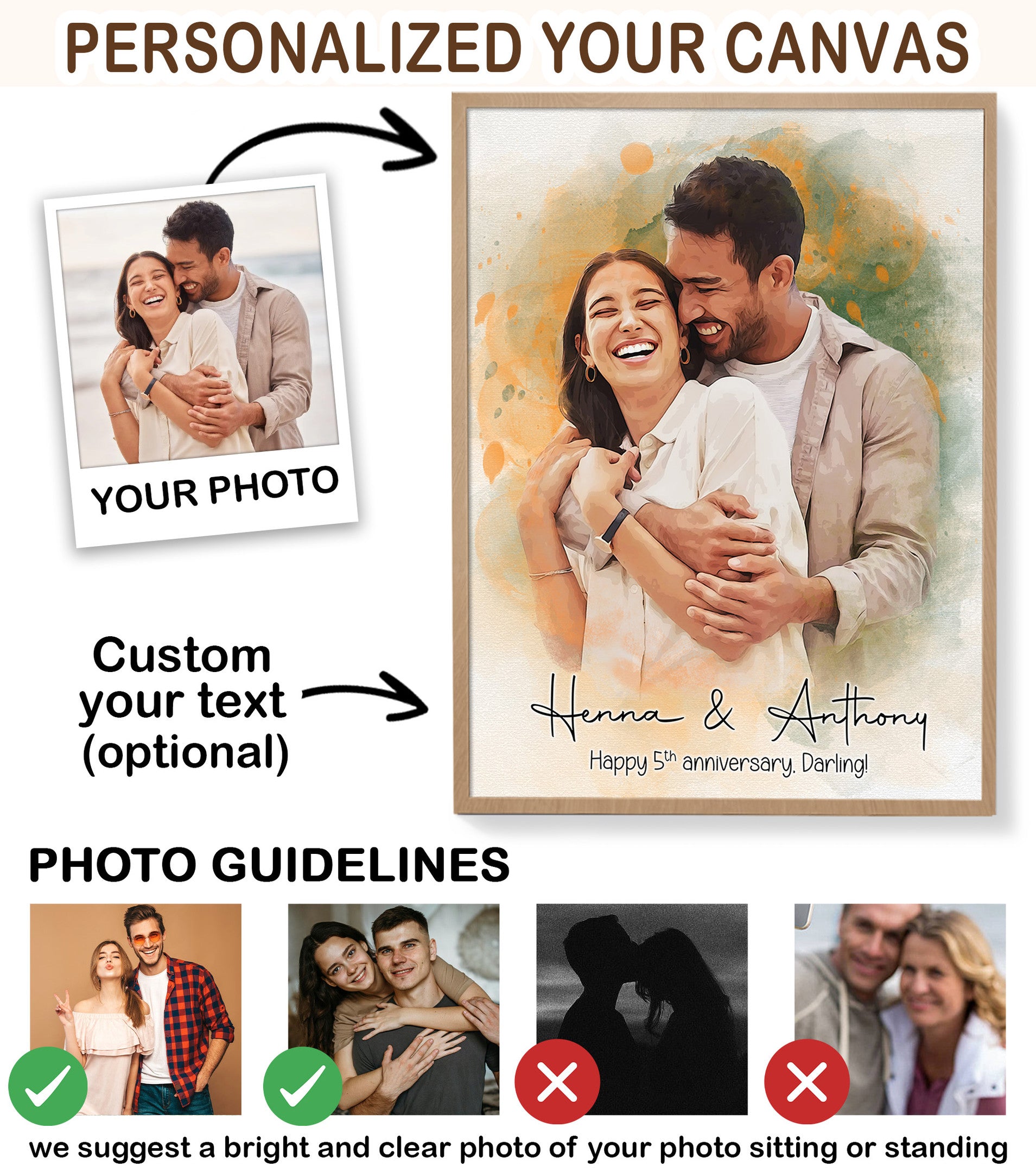 Personalized Watercolor Couple Portrait Canvas from Photo – Custom Couple Wall Art for Anniversary