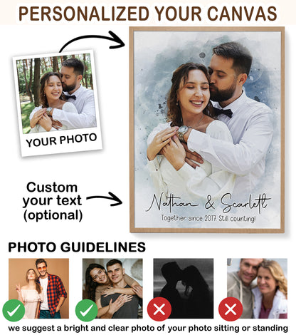 Custom Photo Watercolor Couple Portrait Together Since [Year] - Personalized Wrapped Canvas