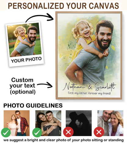 Custom Photo Watercolor Father and Daughter Forever My Friend Canvas - Personalized Wall Art