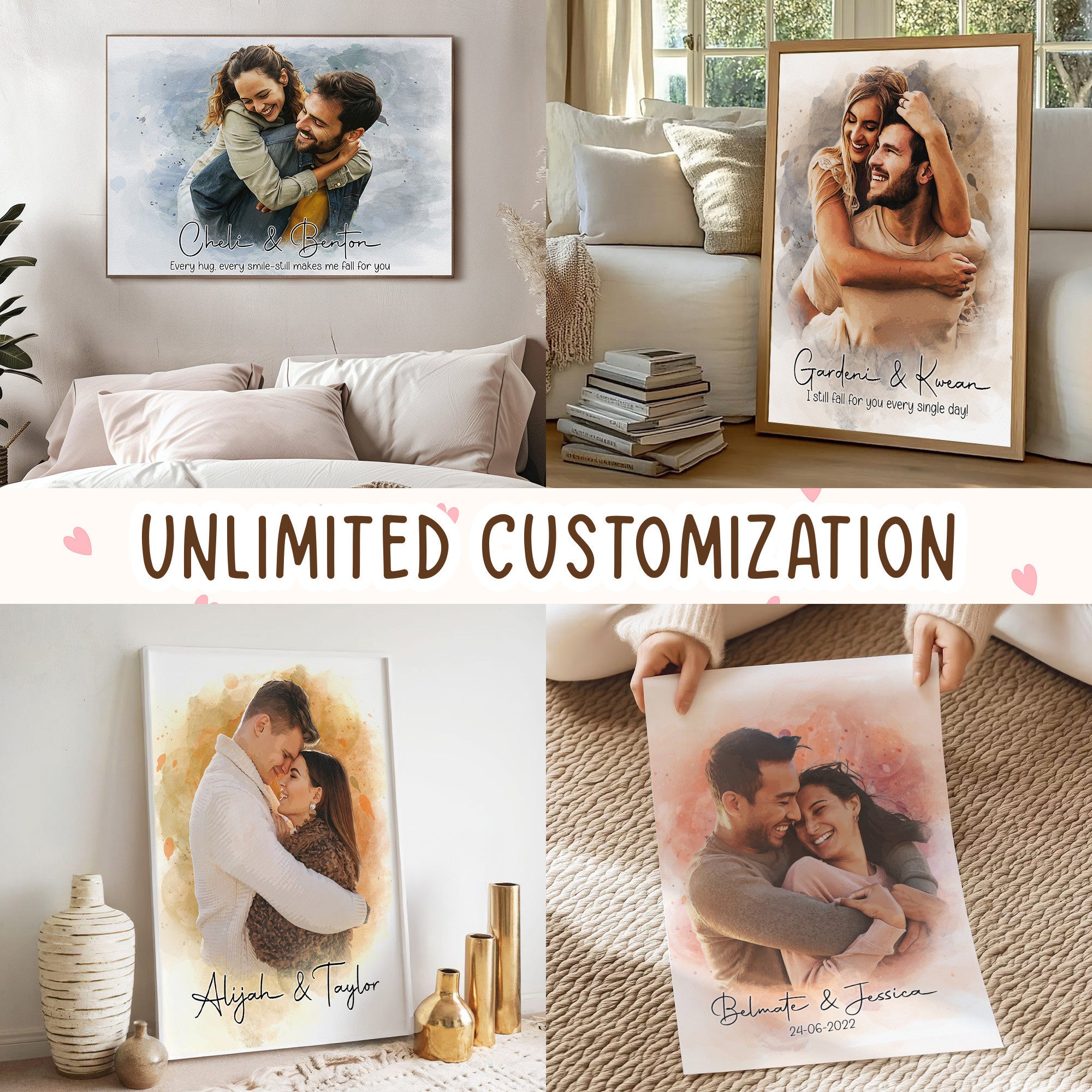 Personalized Watercolor Couple Portrait Canvas from Photo – Custom Couple Wall Art for Anniversary