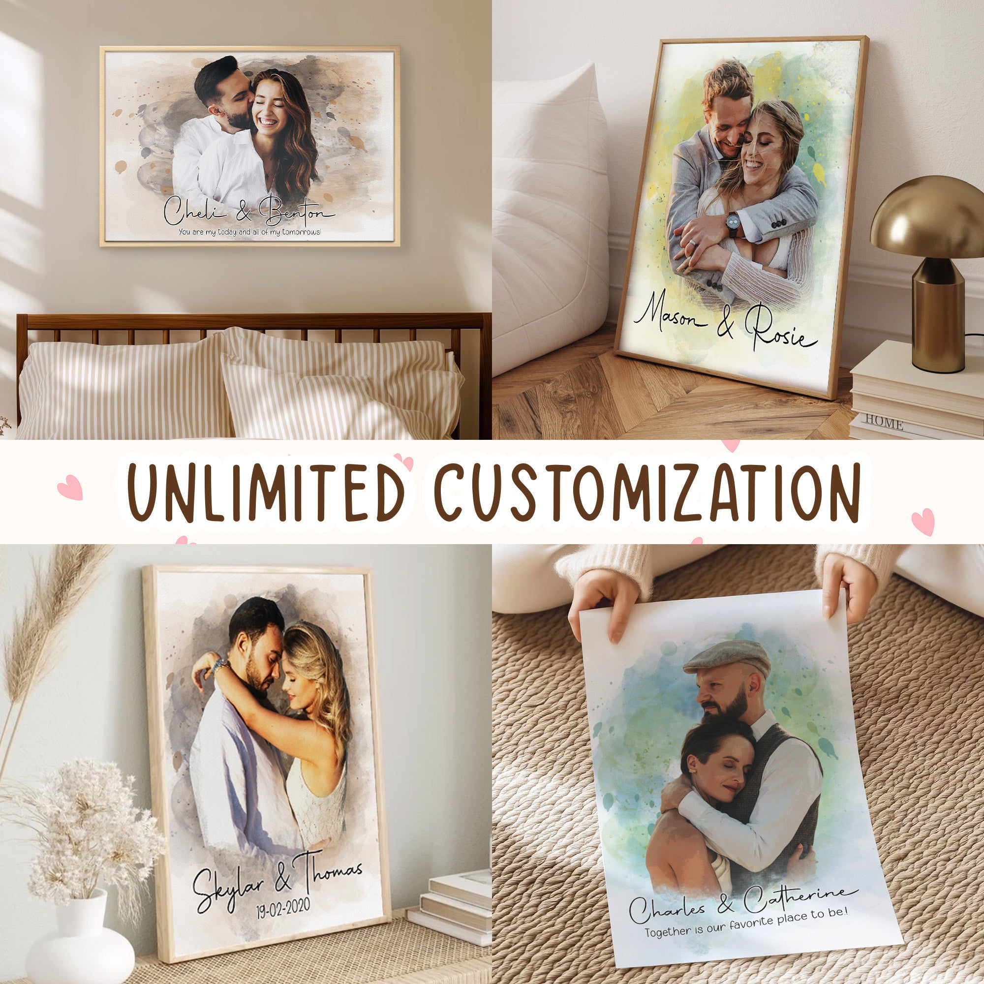 Personalized Watercolor Couple Portrait Canvas from Photo – Wedding or Anniversary Wall Art